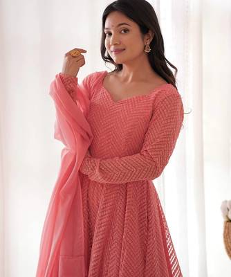 Peach color lucknowi sequince thread work faux georgette anarkali set 4