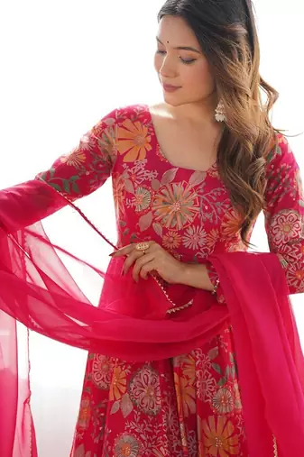 Pink color romansilk blend chanderi discharge print kediya style top plazzo dupatta.