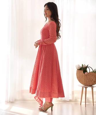 Peach color lucknowi sequince thread work faux georgette anarkali set 5