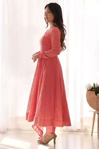 Peach color lucknowi sequince thread work faux georgette anarkali set