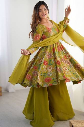 Mehandi green color romansilk chanderi discharge print kediya style top plazzo dupatta.