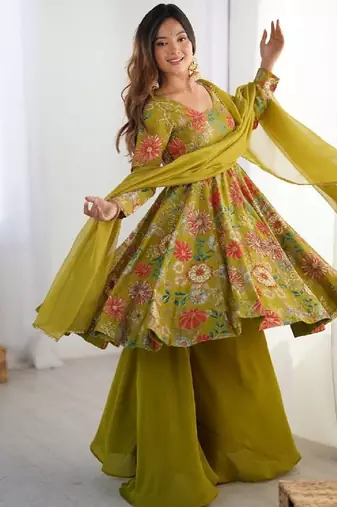 Mehandi green color romansilk chanderi discharge print kediya style top plazzo dupatta.