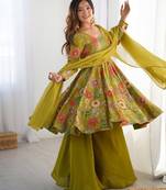 Mehandi green color romansilk chanderi discharge print kediya style top plazzo dupatta.