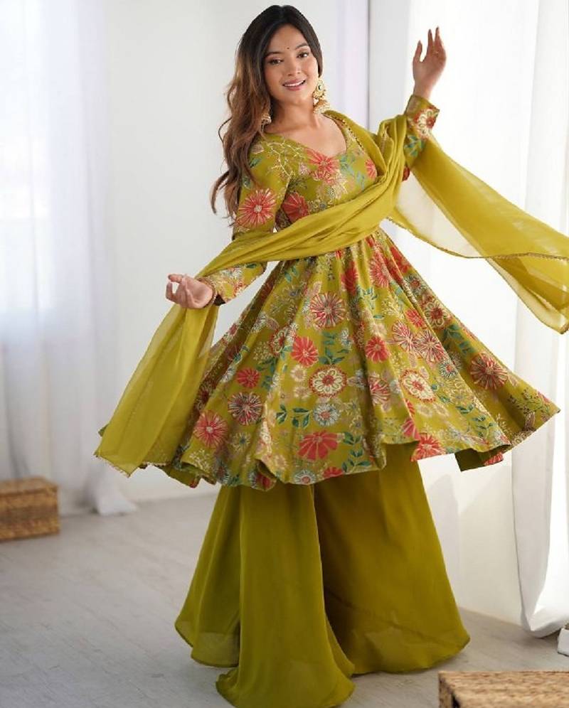 Mehandi green color romansilk chanderi discharge print kediya style top plazzo dupatta.