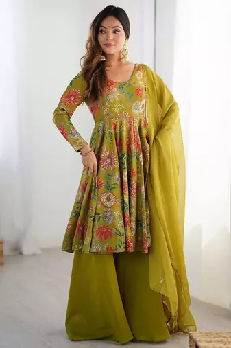Mehandi green color romansilk blend chanderi discharge print kediya style top plazzo dupatta.