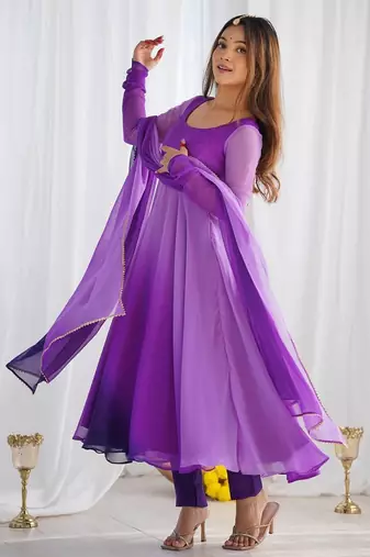 Purple color colorfull pedding faux georgette anarkali set