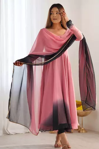 Peach color colorfull pedding faux georgette anarkali set