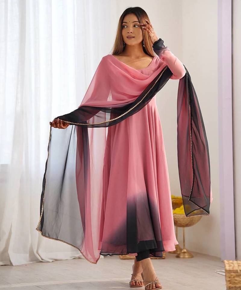 Peach color colorfull pedding faux georgette anarkali set