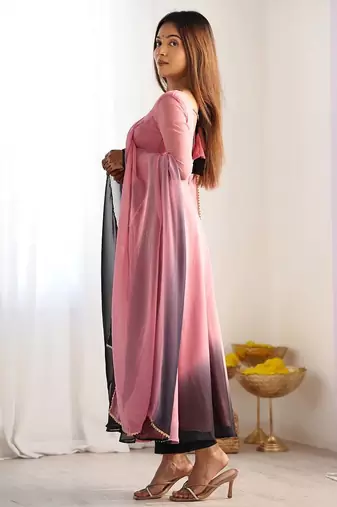 Peach color colorfull pedding faux georgette anarkali set