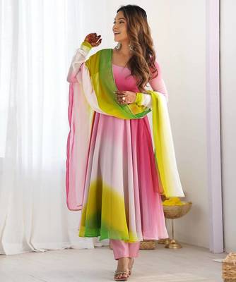 Light pink color colorfull pedding faux georgette anarkali set 3