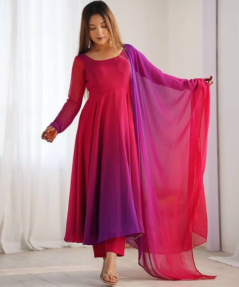 Dark pink color colorfull pedding faux georgette anarkali set