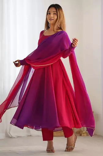 Dark pink color colorfull pedding faux georgette anarkali set
