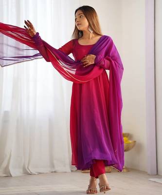 Dark pink color colorfull pedding faux georgette anarkali set 3