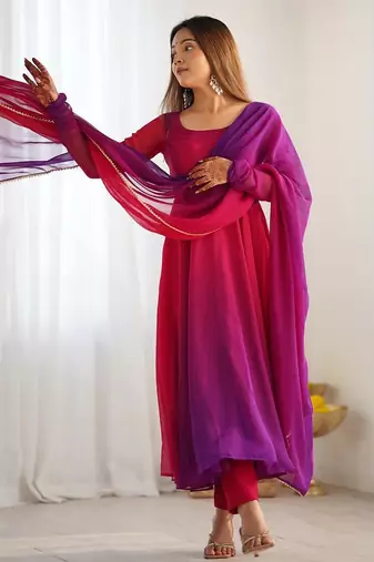Dark pink color colorfull pedding faux georgette anarkali set