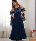 Teal blue color sequince embroidered faux georgette anarkali set