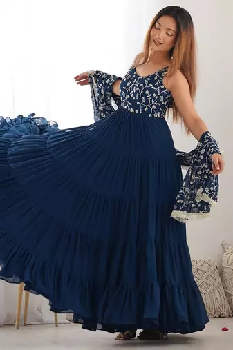 Teal blue color sequince embroidered faux georgette anarkali set