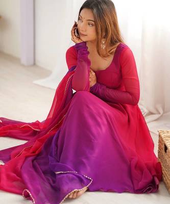Dark pink color colorfull pedding faux georgette anarkali set 5