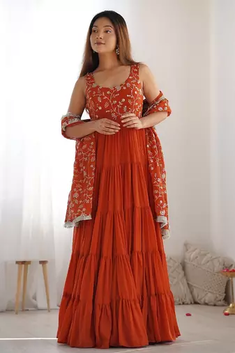 Rust color sequince embroidered faux georgette anarkali set