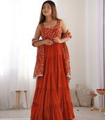 Rust color sequince embroidered faux georgette anarkali set