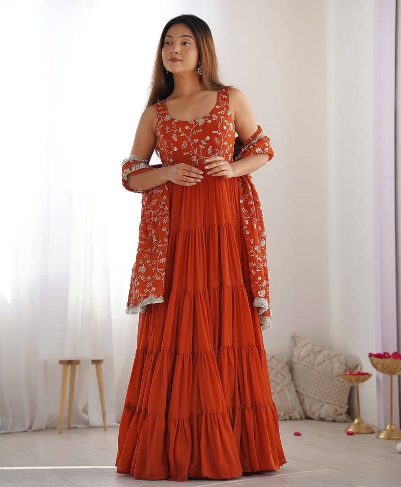 Rust color sequince embroidered faux georgette anarkali set