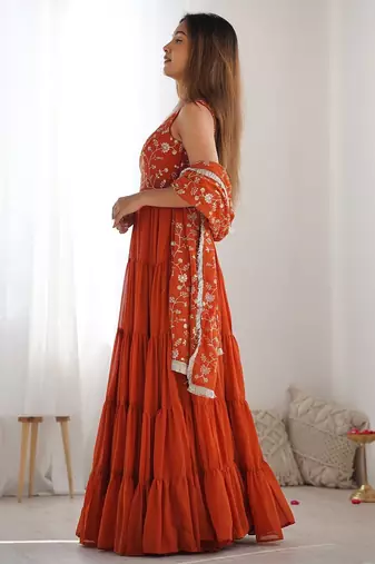 Rust color sequince embroidered faux georgette anarkali set