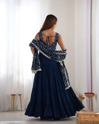 Teal blue sequince embroidered faux georgette anarkali set 4