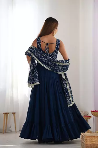 Teal blue color sequince embroidered faux georgette anarkali set