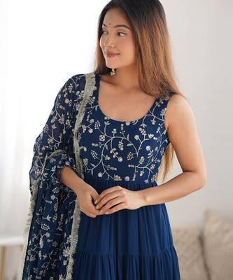 Teal blue sequince embroidered faux georgette anarkali set 5