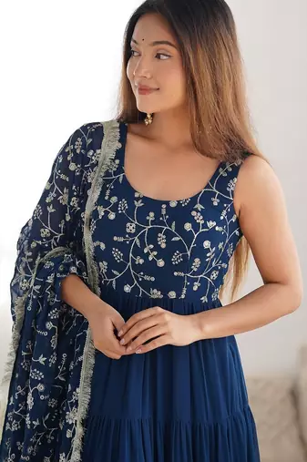 Teal blue color sequince embroidered faux georgette anarkali set