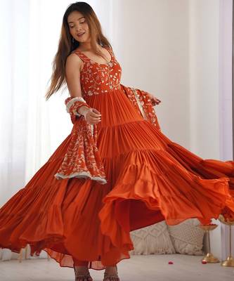 Rust color sequince embroidered faux georgette anarkali set 3