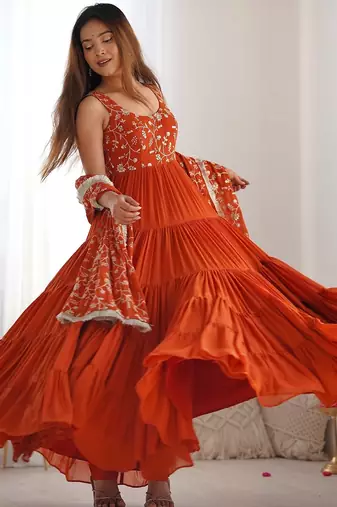 Rust color sequince embroidered faux georgette anarkali set