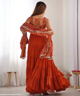 Rust color sequince embroidered faux georgette anarkali set 4