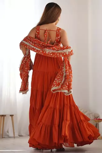 Rust color sequince embroidered faux georgette anarkali set
