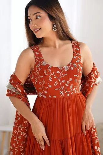 Rust color sequince embroidered faux georgette anarkali set
