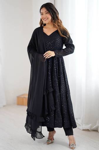 Black color lucknowi sequince thread work faux georgette anarkali set