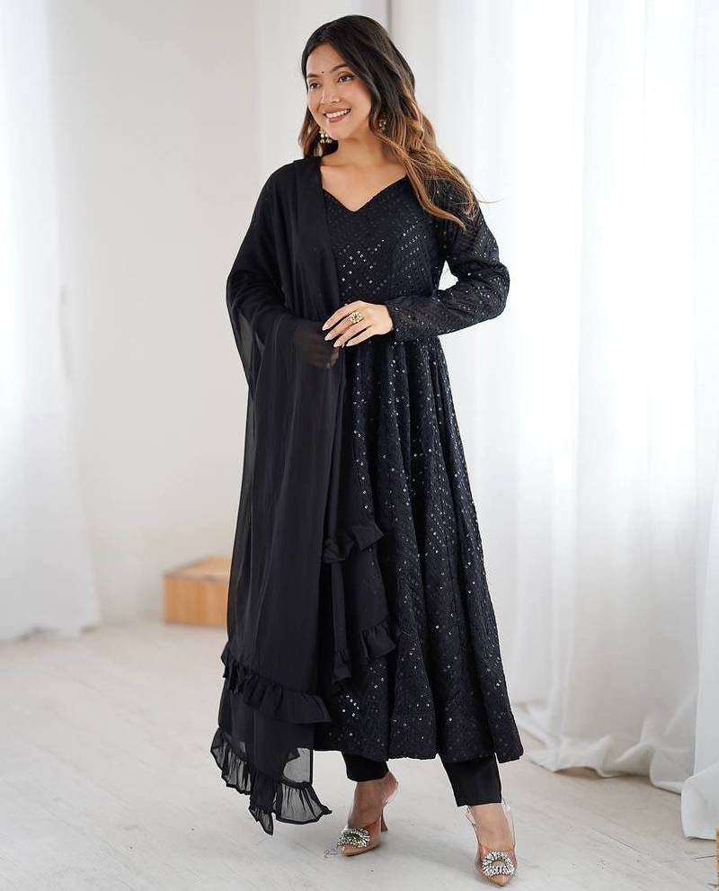 Black color lucknowi sequince thread work faux georgette anarkali set