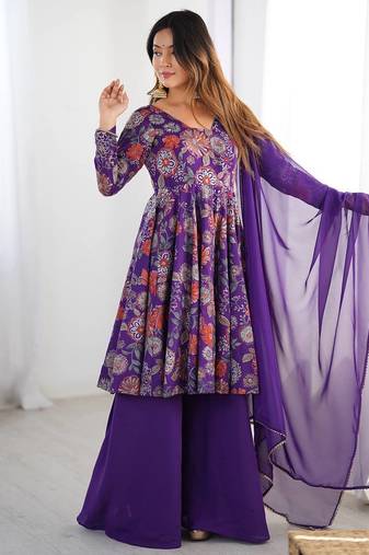 Purple color romansilk chanderi discharge print kediya style top plazzo dupatta.