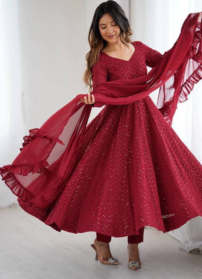 Maroon color lucknowi sequince thread work faux georgette anarkali set
