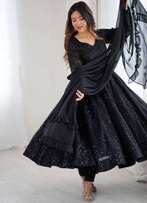 Black color lucknowi sequince thread work faux georgette anarkali set 2