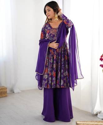 Purple color romansilk blend chanderi discharge print kediya style top plazzo dupatta 2