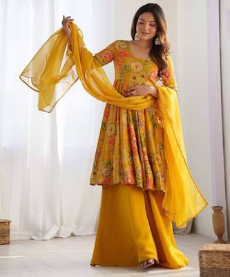 Yellow romansilk blend chanderi discharge print kediya style top plazzo dupatta 2