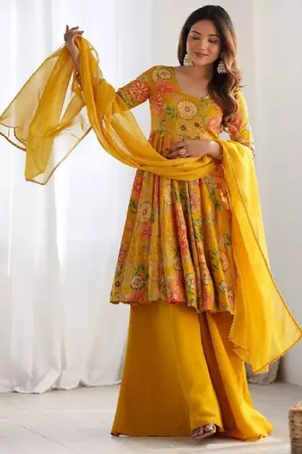 Yellow color romansilk blend chanderi discharge print kediya style top plazzo dupatta.