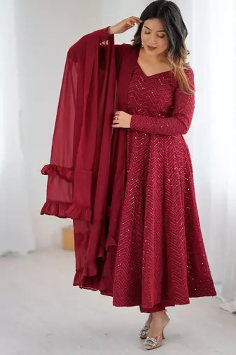 Maroon color lucknowi sequince thread work faux georgette anarkali set
