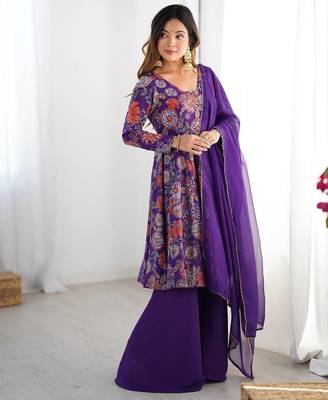 Purple color romansilk blend chanderi discharge print kediya style top plazzo dupatta 3