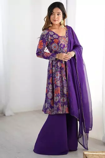 Purple color romansilk blend chanderi discharge print kediya style top plazzo dupatta.