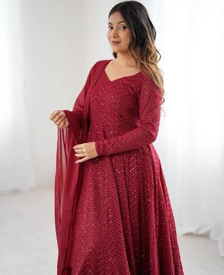 Maroon color lucknowi sequince thread work faux georgette anarkali set 3