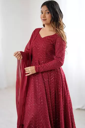 Maroon color lucknowi sequince thread work faux georgette anarkali set