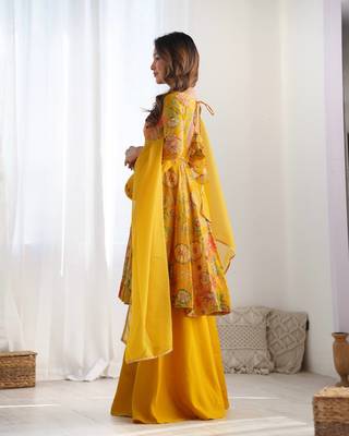 Yellow romansilk blend chanderi discharge print kediya style top plazzo dupatta 3