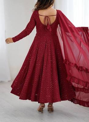 Maroon color lucknowi sequince thread work faux georgette anarkali set 4