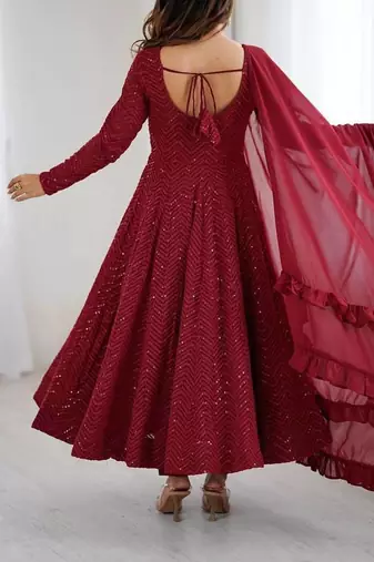 Maroon color lucknowi sequince thread work faux georgette anarkali set